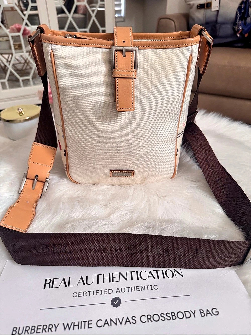 Burberry White & Brown Floral Canvas Crossbody Bag
